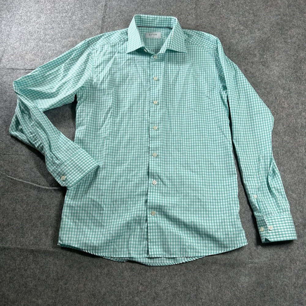 ETON Slim Fit Shirt Mens 42 16.5 Green Gingham Plaid Cotton Mitered Cuff - Picture 1 of 10